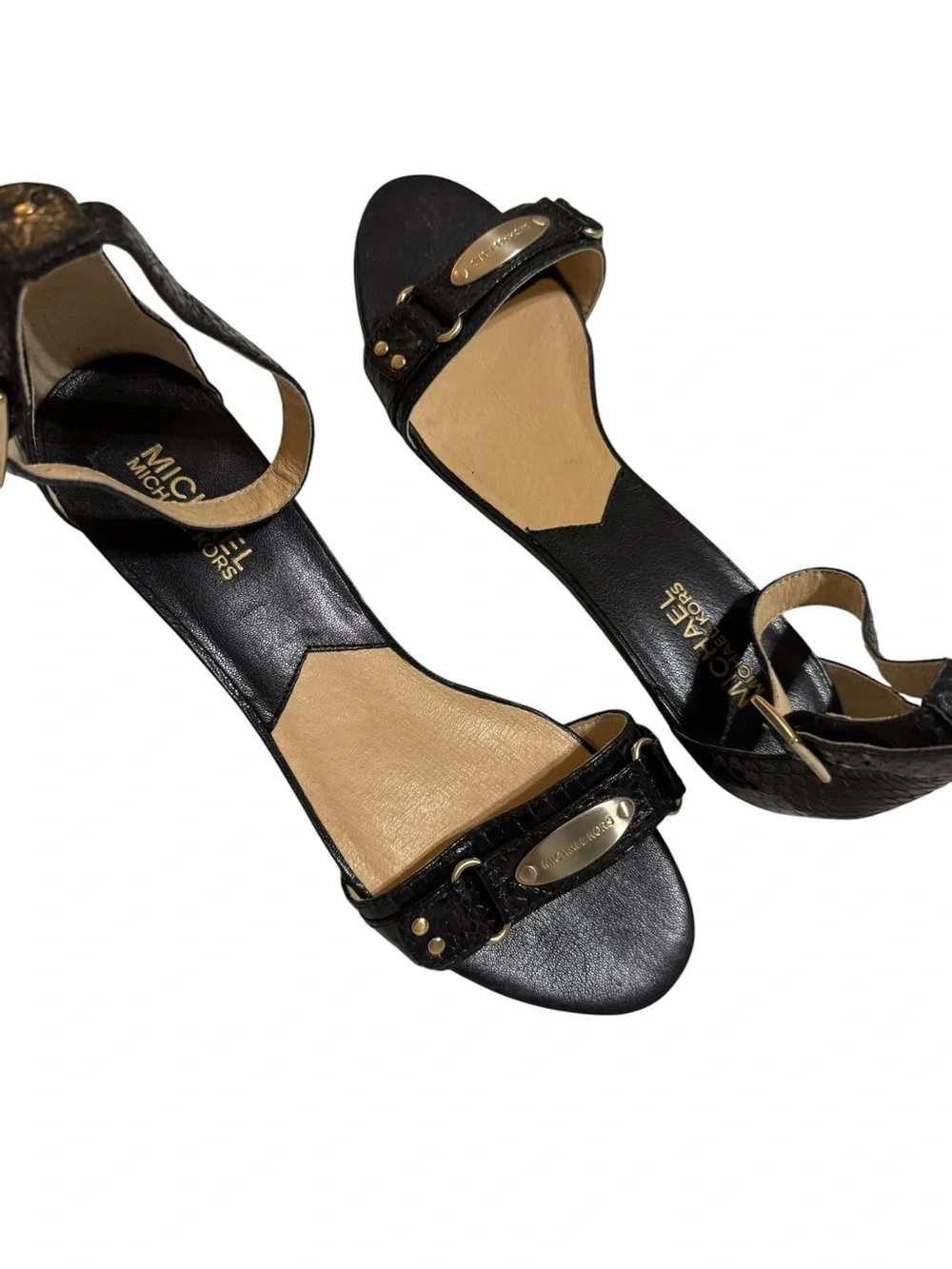 Michael Kors Black Wedge Sandals with Gold Plaque